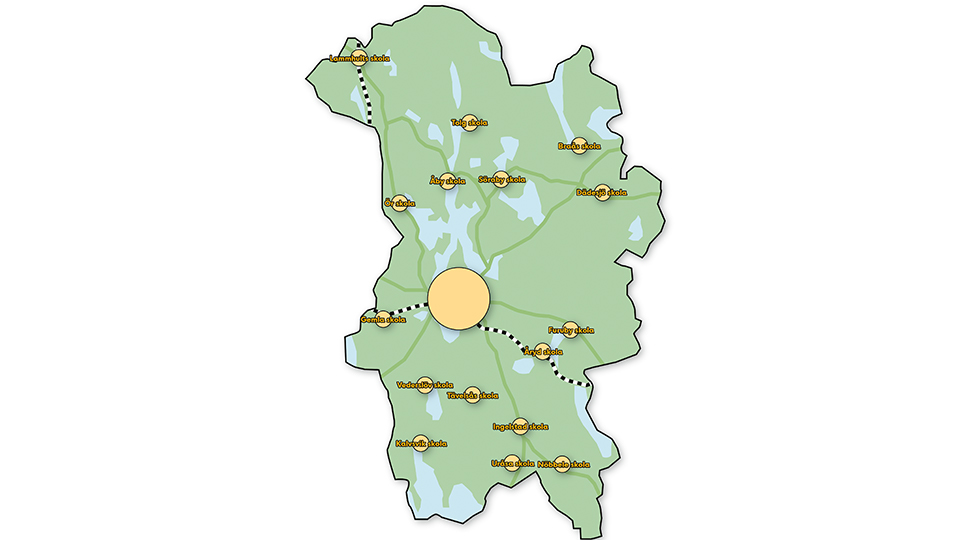 Karta över Växjö kommun, med grundskolor utmärkta
