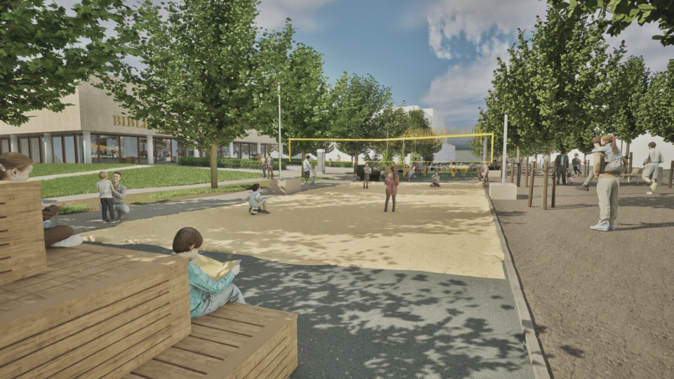 Sittplatser, konstgrs, vimplar, beach volley-plan, folk i rörelse
