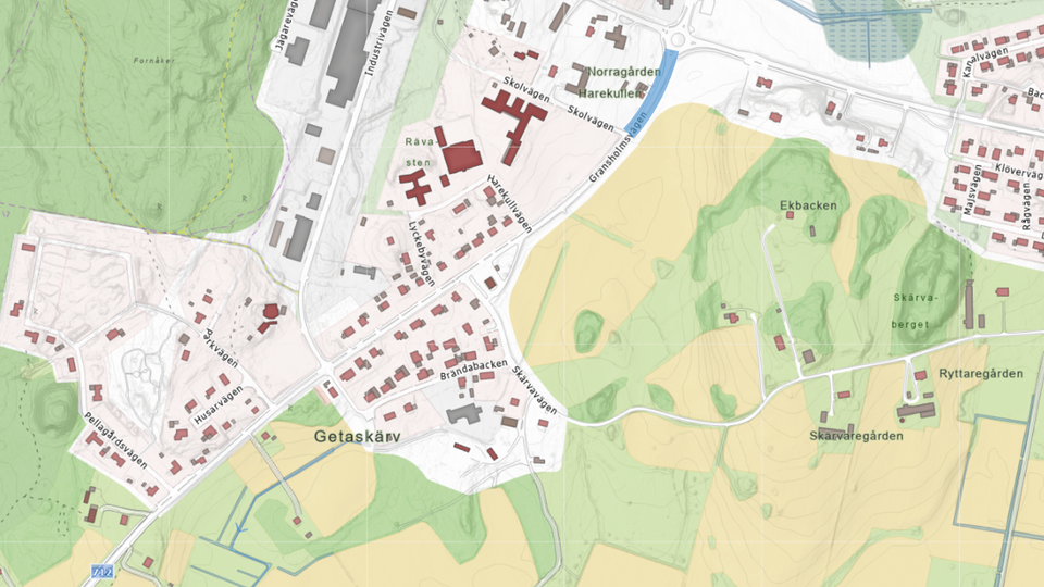 Blå linje visar sträckan från Växjövägen till Skolvägen.
