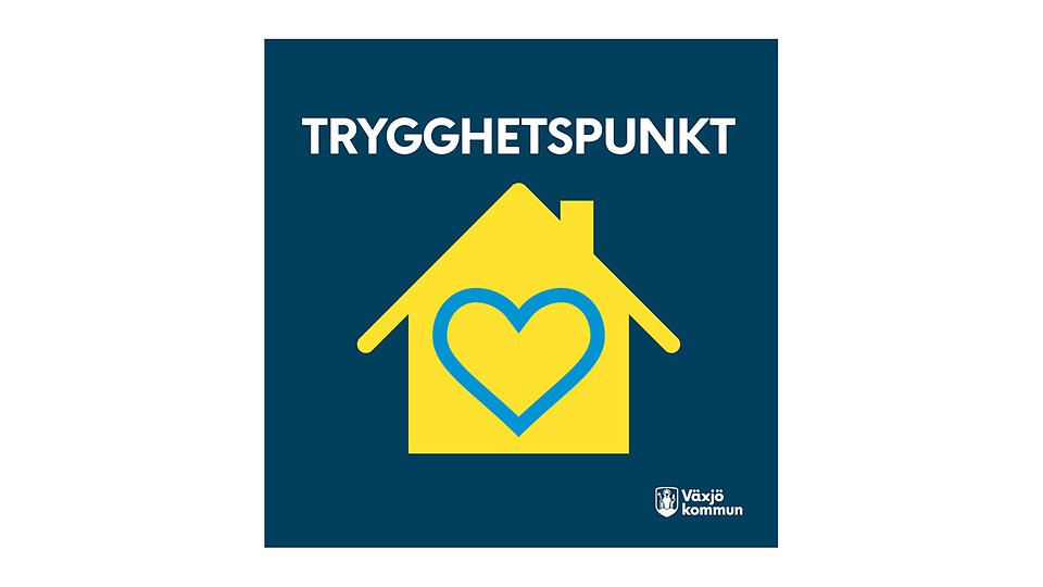Bild på symbolen trygghetspunkt i Växjö kommun som består av ett fult hus med ett blått hjärta i