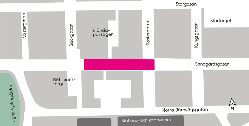 Etapp 4. Rosa markering visar arbetsområdet.